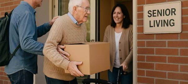 äldre person flyttar till seniorboende med hjälp av anhöriga